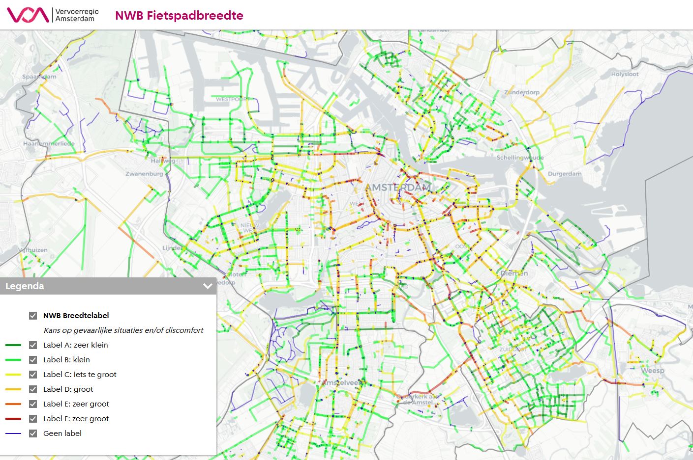 Screenshot kaart -NWB Fietspadbreedte